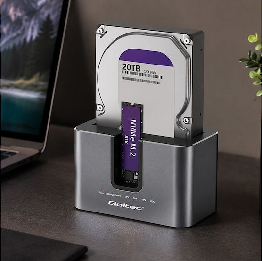 Qoltec 2-in-1 Docking Station Hdd Ssd Sata M.2 Nvme Cloning Usb-c 3.2 Gen 2 10 Gb S 28 Tb Aluminum