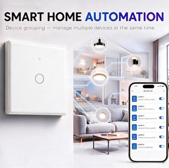 Qoltec Smart Touch Light Switch 1 Position Wi-fi Timer Tuya Smart Life Tempered Glass White