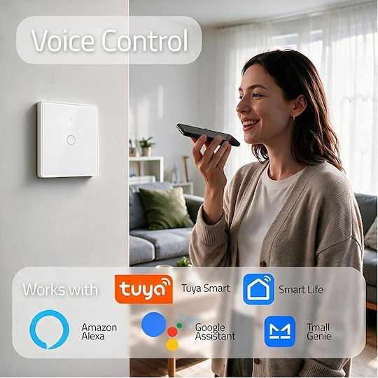 Qoltec Smart Touch Light Switch 1 Position Wi-fi Timer Tuya Smart Life Tempered Glass White
