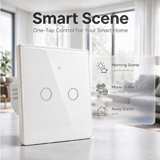 Qoltec Smart Touch Light Switch 2 Circuits Wi-fi Timer Tuya Smart Life Tempered Glass White