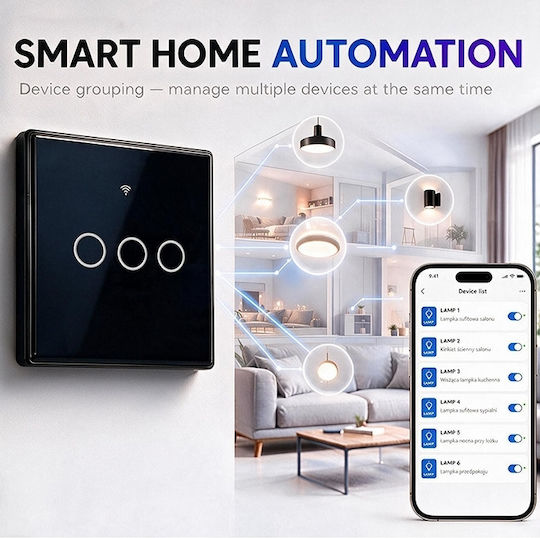 Qoltec Умен сензорен стенен прекъсвач 3 групи Wi-Fi таймер Tuya Smart Life закалено стъкло черен