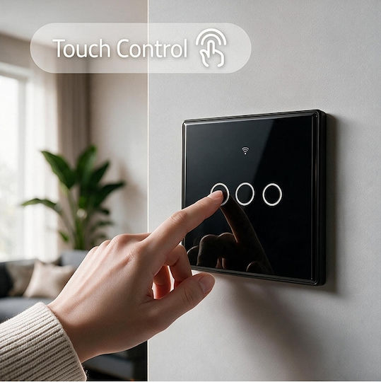 Qoltec Умен сензорен стенен прекъсвач 3 групи Wi-Fi таймер Tuya Smart Life закалено стъкло черен