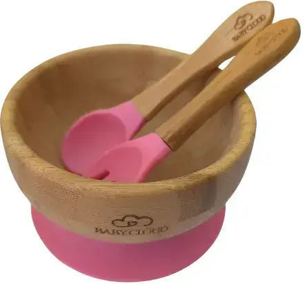 Baby Cloud Σετ Φαγητού από Bamboo με Αντιολισθητική Βάση Ροζ 3τμχ