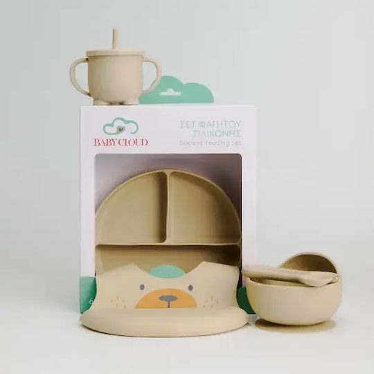 Baby Cloud Feeding Set Teddy bear made of Silicone with Non-Slip Base Beige 6pcs for 5+ months