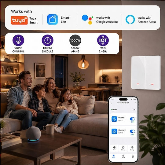 Qoltec Smart Switch 2 Circuits Wi-fi Timer Tuya Smart Life White