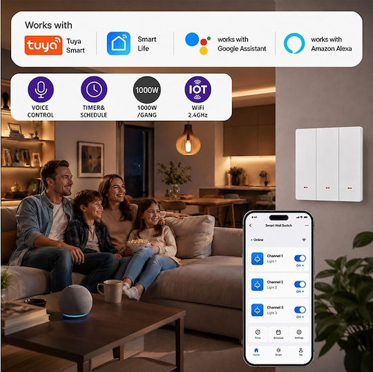 Qoltec Умен стенен прекъсвач 3 канала Wi-Fi таймер Tuya Smart Life бял