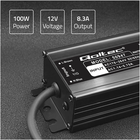 Qoltec LED-Netzteil Wasserdicht IP67 Leistung 100W mit Ausgangsspannung 12V