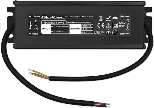 Qoltec LED Захранване Водоустойчиво IP67 Мощност 60W с Изходно Напрежение 12V