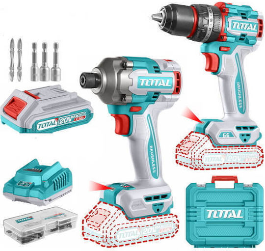 Total TCKLI20277E Set Mașină de găurit cu impact & Șurubelniță cu impact Brushless 20V cu 2 baterii 2Ah și husă