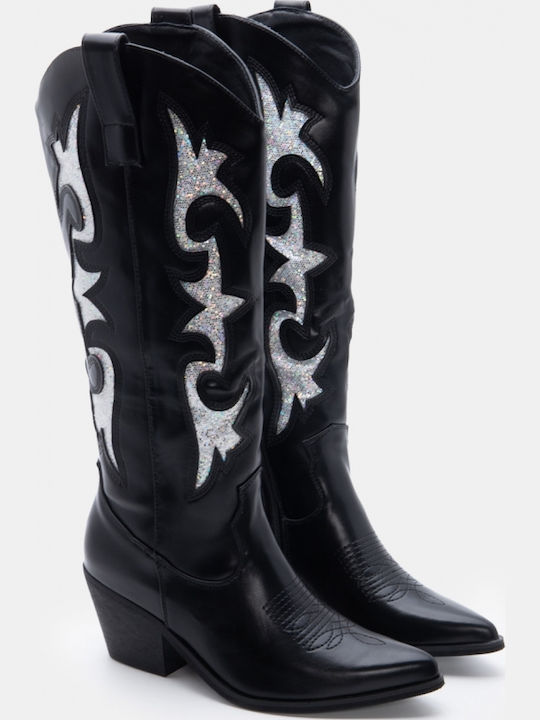 Suede Women's Boots Cowboy with Mid Heel Black