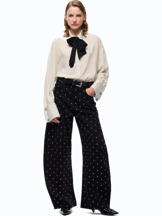Long Sleeve Women's Shirt Beige Polka Dot