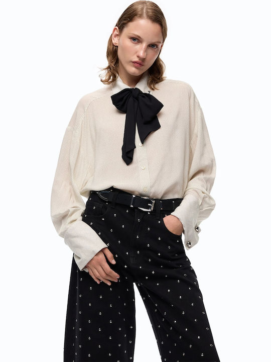 Long Sleeve Women's Shirt Beige Polka Dot