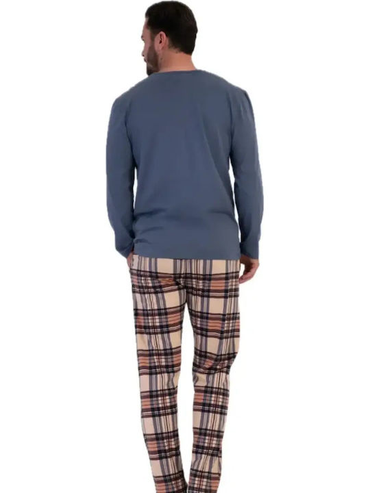 Vienetta Secret Pijama de Iarnă în Carouri pentru Bărbați din Bumbac Albastră