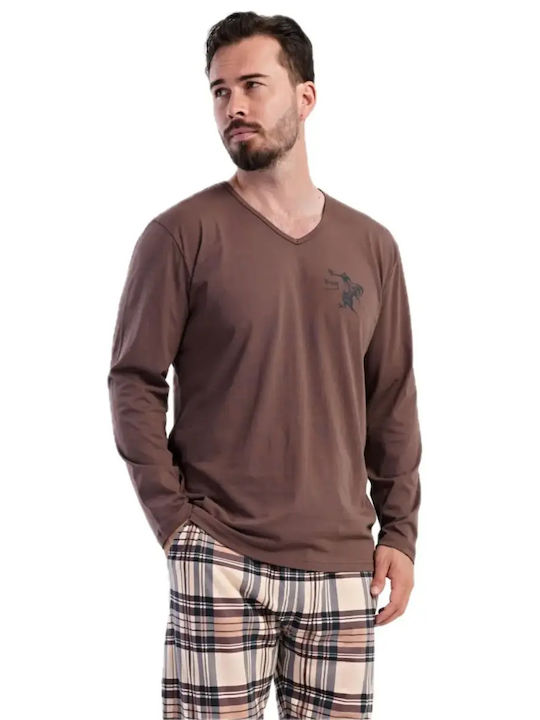Vienetta Secret Pijama de Iarnă în Carouri pentru Bărbați din Bumbac Maro