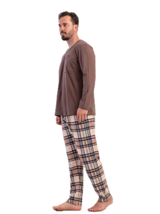 Vienetta Secret Pijama de Iarnă în Carouri pentru Bărbați din Bumbac Maro