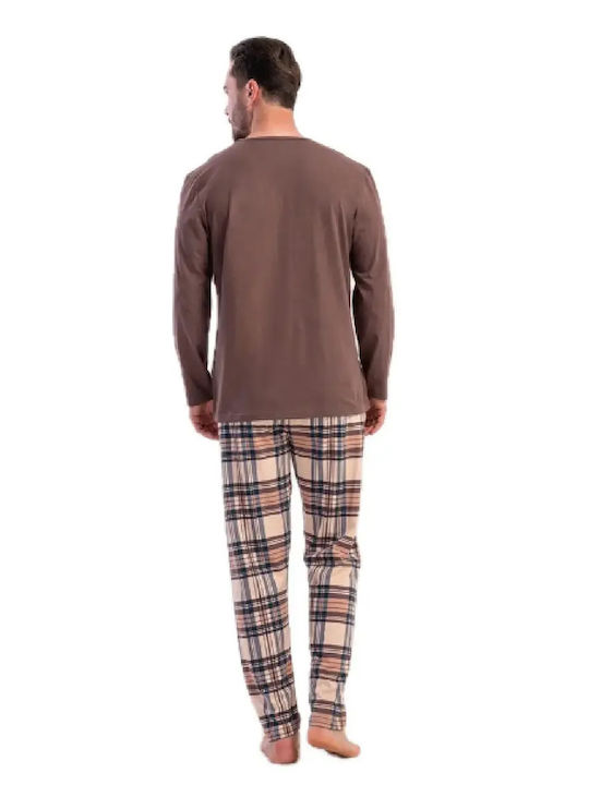 Vienetta Secret Pijama de Iarnă în Carouri pentru Bărbați din Bumbac Maro