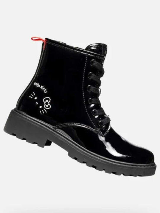 Casey Kids Patent Leather Military Boots with Zipper Black