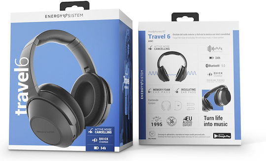 Energy Sistem BT Travel 6 ANC Wireless / Wired Over Ear Headphones with 16 hours of Operation and Quick Charge Black