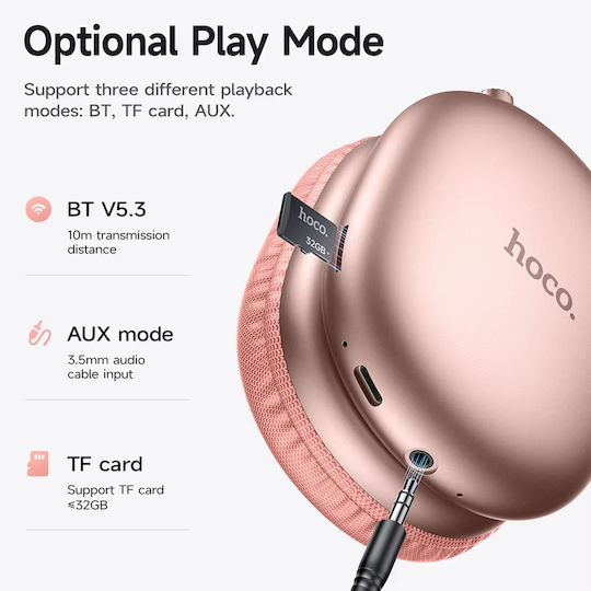 Hoco W35 MAX Ασύρματα / Ενσύρματα Over Ear Ακουστικά με 40 ώρες Λειτουργίας Ροζ