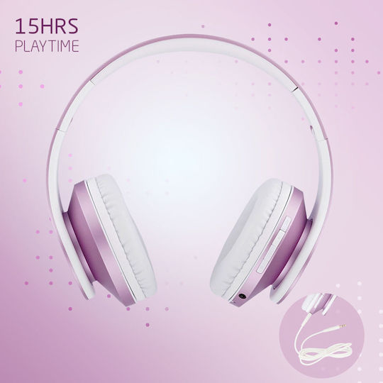 PowerLocus P2 Kids Ασύρματα / Ενσύρματα Παιδικά Over Ear Ακουστικά με Ραδιόφωνο με 20 ώρες Λειτουργίας Pink-White