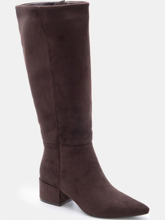 Suede Women's Boots with Mid Heel Brown