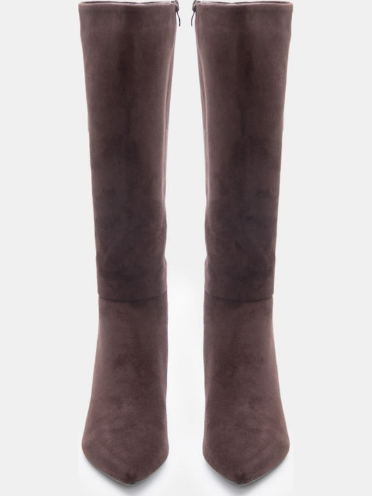 Suede Women's Boots with Mid Heel Brown