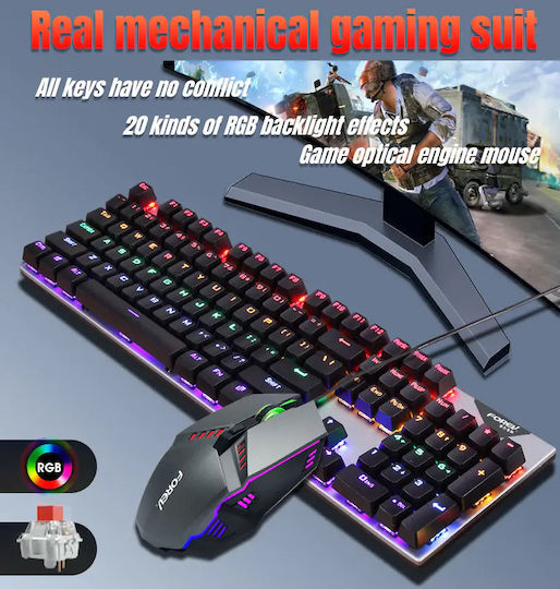 Forev Комплект гейминг механична клавиатура с RGB осветление и мишка (Международен английски)