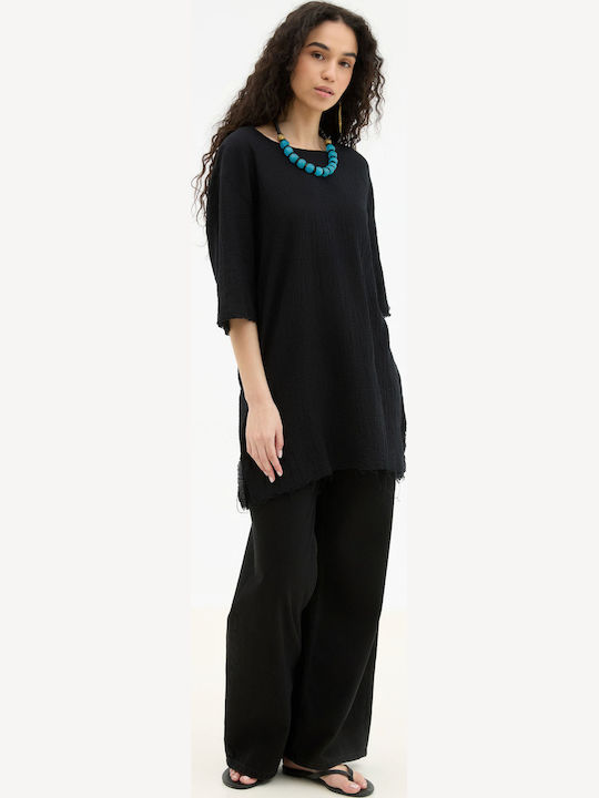Bluza Damă Bumbac Cu Mânecă 3/4 Neagră