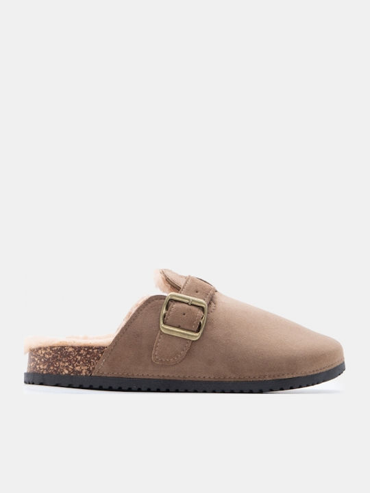 Flat Suede Mules In Beige Colour