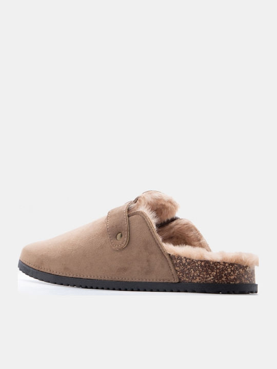 Flat Suede Mules In Beige Colour