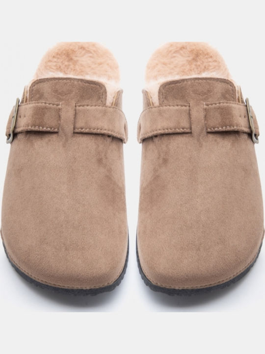 Flat Suede Mules In Beige Colour