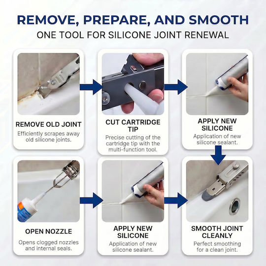 Set De Unelte Thirrni 6-în-1 Cuțit De Glet Din Oțel Inoxidabil Pentru Îndepărtare Și Netezire Capete De Silicon Interchangeabile Cutter Tub De Etanșare Racletă Pentru Baie Bucătărie
