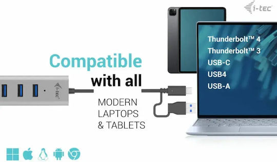 i-tec USB Хъб 7 Порта USB 3.2 с USB-C Връзка Сребрист