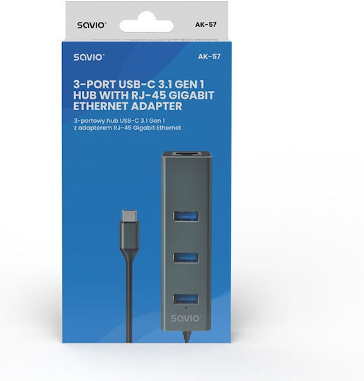 Savio AK-57 Hub USB 3 Porturi USB 3.1 cu Conectare USB-C Ethernet Gri