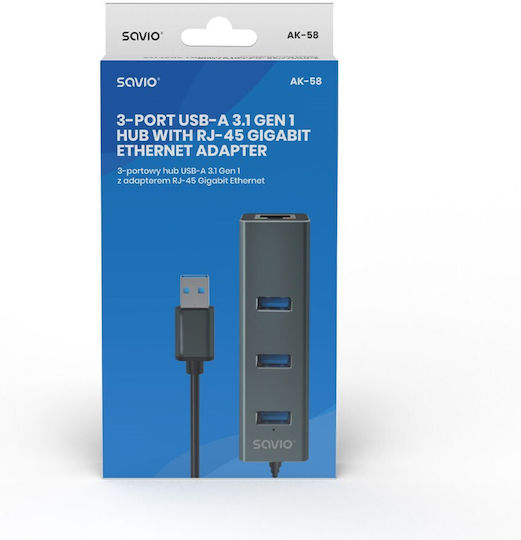 Savio 3-Port USB 3.1 Hub with USB-A Connection Gray
