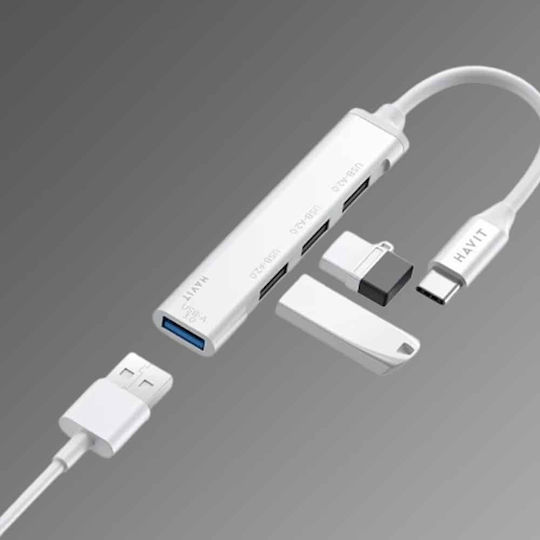 Havit HB41 USB Хъб с 4 USB 3.0 Порта и USB-C Интерфейс Сребрист
