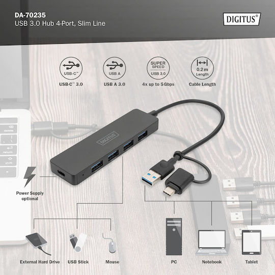 Digitus Hub 5 Θυρών USB 3.0 με σύνδεση USB-A / USB-C