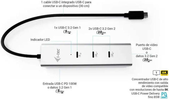 i-tec Metal USB Hub 5 Ports USB 3.2 with USB-C Connection Silver