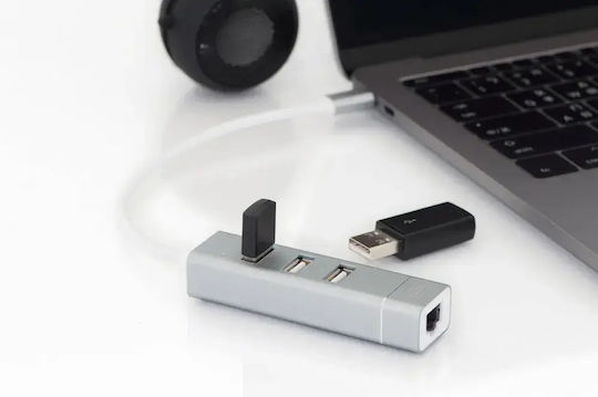 Digitus Hub 3 Θυρών USB 2.0 με σύνδεση USB-C / Ethernet Λευκό