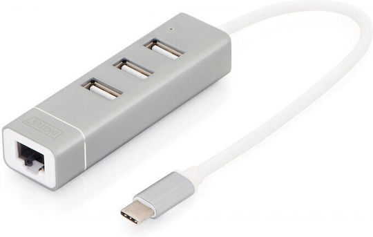Digitus Hub 3 Θυρών USB 2.0 με σύνδεση USB-C / Ethernet Λευκό