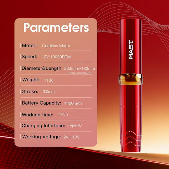 Kit Mașină De Tatuat Wireless Mast P10 Pro Stilou Reglabil Wireless 2-10v Cartușe Sterile Cu Ace Cerneală Neagră Machiaj Permanent Sprâncene Buze Eyeliner Tatuaje Linii Fine Profesional