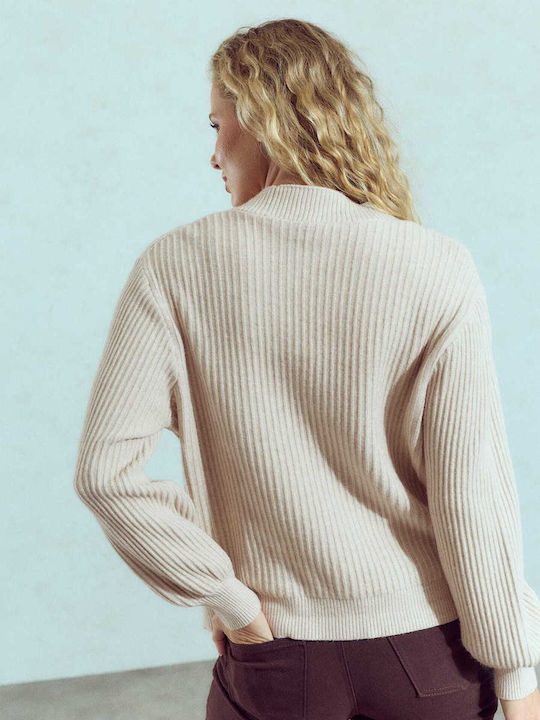 Celestino Women's Knitted Ribbed Cardigan With Metallic Details Loose Fit Beige