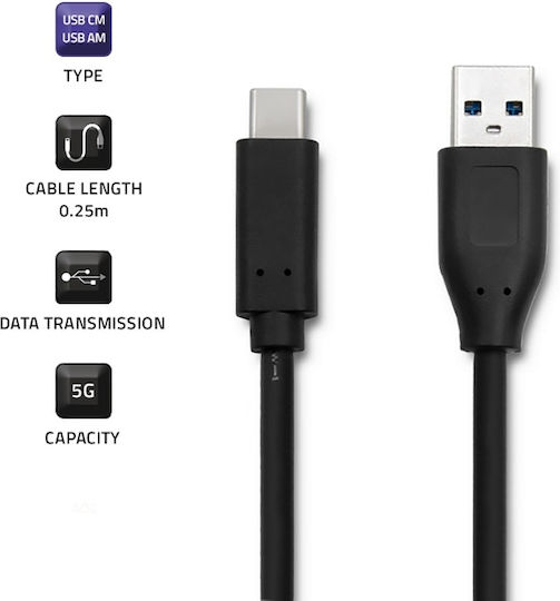Qoltec USB 3.0 Кабел USB-C Мъжки - USB-A Черен 0.25м 50420