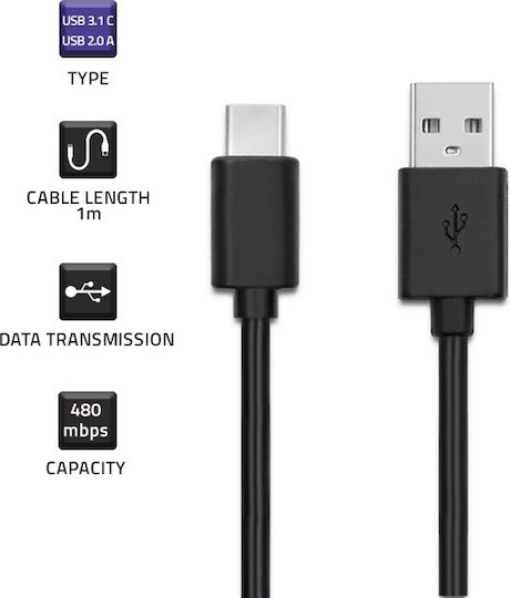 Qoltec USB 2.0 Cable USB-C male - USB-A Μαύρο 1m 50487