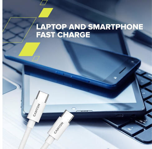 Canyon Braided USB 2.0 Cable USB-C male - USB-C 100W PD Λευκό 2m CND-CC100AB20W