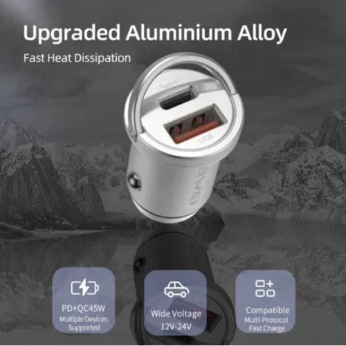 Awei Car Charger 45W With Ports 1xUSB-A 1xType-C With Embedded Cable Type-C