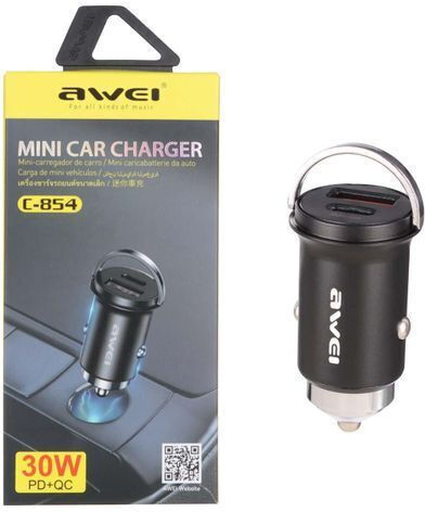Awei Car Charger 45W With Ports 1xUSB-A 1xType-C With Embedded Cable Type-C