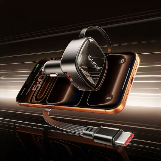 Orico Fc-66-1a2c Car Charger 66W 2.5A Fast Charging With Ports 1xUSB-A 1xType-C With Type-C Cable Black Colour