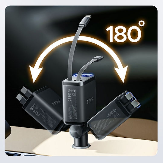 Orico Twin Reach 45w Usb-a + Usb-c Car Charger Two Retractable Usb-c Cables Black Tr-45-1a3c Orico-tr-45-1a3c-bk-ep-hu