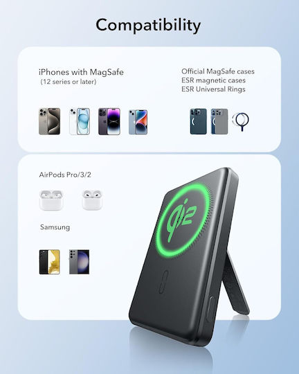 ESR Qi2 MagSlim Kickstand MagSafe Qi2 Power Bank 10000mAh 15W Schwarz